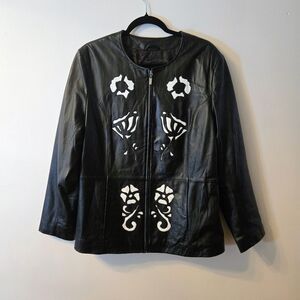 Guillaume Black Genuine Leather Coat With White Floral Detail